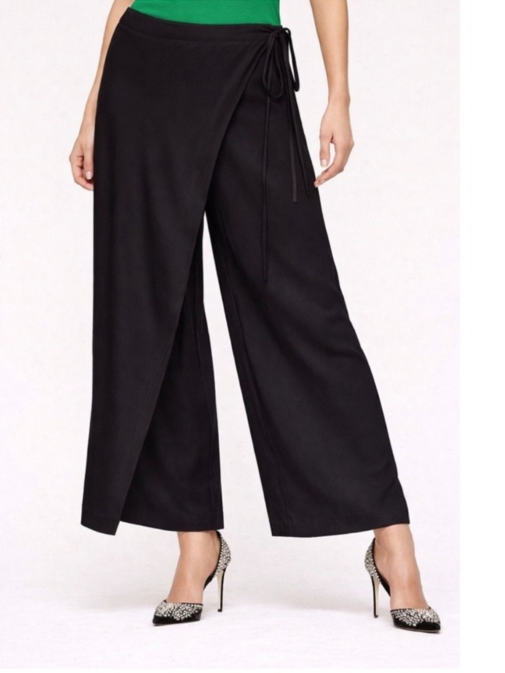 Eileen Fisher Black Wide-Leg Wrap Pants with Tie